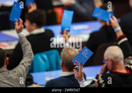 Glauchau, Germania. 14 marzo 2024. I delegati dell'AFD votano "sì" con le loro schede di voto alla conferenza del partito di stato. Nei prossimi giorni, l'AfD sassone vuole stabilire la rotta del personale per le elezioni statali del 1° settembre in città. Dopo ripetuti incidenti, l'elenco degli stati deve essere stavolta redatto senza errori. L'AfD ha previsto quattro giorni per la procedura. Crediti: Jan Woitas/dpa/Alamy Live News Foto Stock