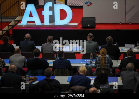 Glauchau, Germania. 14 marzo 2024. I delegati dell'AFD partecipano alla convention di stato del partito. Nei prossimi giorni, l'AfD sassone vuole stabilire la rotta del personale per le elezioni statali del 1° settembre in città. Dopo ripetuti incidenti, questa volta l'elenco degli stati deve essere redatto senza errori. L'AfD ha previsto quattro giorni per la procedura. Crediti: Jan Woitas/dpa/Alamy Live News Foto Stock