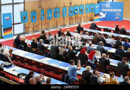 Glauchau, Germania. 14 marzo 2024. I delegati dell'AFD partecipano alla convention di stato del partito. Nei prossimi giorni, l'AfD sassone vuole stabilire la rotta del personale per le elezioni statali del 1° settembre in città. Dopo ripetuti incidenti, questa volta l'elenco degli stati deve essere redatto senza errori. L'AfD ha previsto quattro giorni per la procedura. Crediti: Jan Woitas/dpa/Alamy Live News Foto Stock