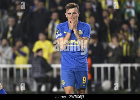 Istanbul, Turchia. 14 marzo 2024. Dennis Eckert Ayensa dell'Unione reagisce durante una partita di calcio tra il club turco Fenerbahce SK e il club belga Royale Union Saint Gilloise, giovedì 14 marzo 2024 a Istanbul, Turchia, la tappa di ritorno delle 1/8 finali della competizione UEFA Conference League. BELGA PHOTO LAURIE DIEFFEMBACQ credito: Belga News Agency/Alamy Live News Foto Stock