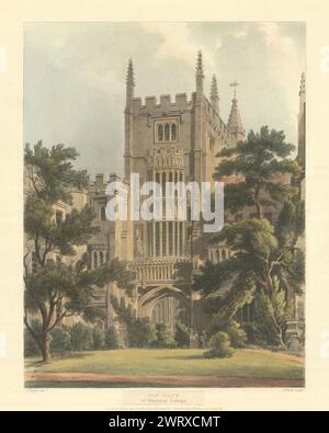 Old Gate del Magdalen College. Ackermann's Oxford University 1814 print Foto Stock