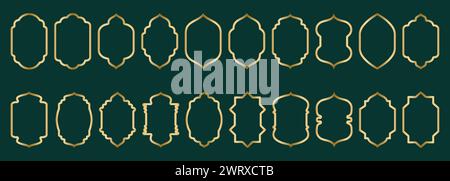 Porta o finestra islamica con telaio ad arco in oro, motivo geometrico, profilo ad arco arabo. Set di lusso in stile orientale. Cornici in stile arabo musulmano Illustrazione Vettoriale