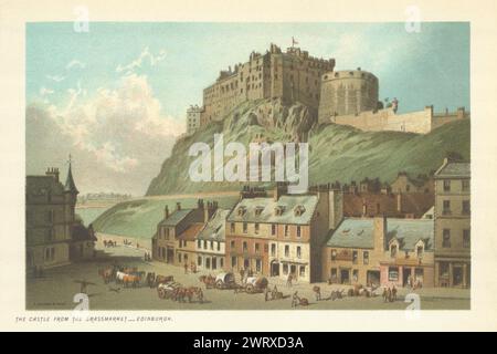 Il castello dal Grassmarket, Edimburgo. Cromolitografia antica 1891 Foto Stock