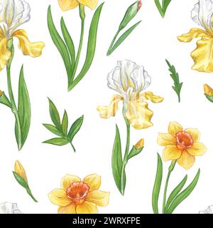 Motivo senza cuciture di fiori primaverili su sfondo bianco. Acquerello illustrazione disegnata a mano di narcisi e Iris gialli. Motivo per tessuto, stampare un Foto Stock