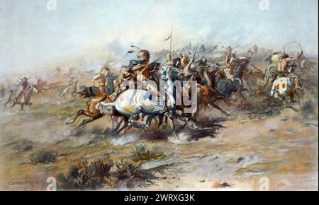 The Custer Fight (1903). Raffigura la battaglia del piccolo Bighorn dal punto di vista dei combattenti dei nativi americani. Di Charles Marion Russell Foto Stock