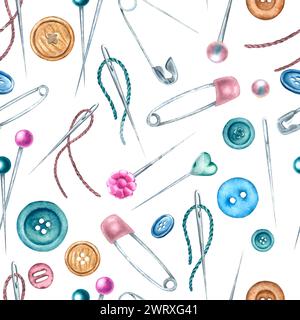 Acquerello disegnato a mano motivo senza cuciture di bottoni, aghi e filettature, diversi perni da cucire con punta sferica, testa piatta in plastica e perno di sicurezza. Per le stampe Foto Stock