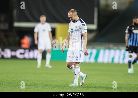 Brugge, Belgio. 14 marzo 2024. Il Veton Berisha di Molde reagisce durante una partita di calcio tra la squadra belga Club Brugge e la squadra norvegese Molde FK, giovedì 14 marzo 2024 a Brugge, la tappa di ritorno delle finali 1/8 della UEFA Conference League. BELGA PHOTO BRUNO FAHY credito: Belga News Agency/Alamy Live News Foto Stock