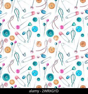 Acquerello disegnato a mano motivo senza cuciture di bottoni, aghi e filettature, diversi perni da cucire con punta sferica, testa piatta in plastica e perno di sicurezza. Per le stampe Foto Stock