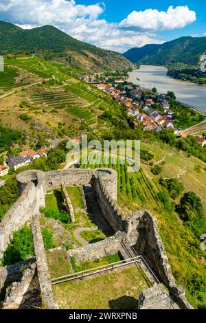 Vista dal castello Hinterhaus di Spitz Wachau, Austria, con il fiume Danubio e i vigneti Foto Stock