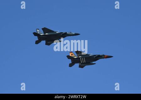 Gli F-15 Eagles del 173rd Fighter Wing tornano alla Joint base Pearl Harbor-Hickam, Hawaii, dopo aver completato una sortita di addestramento Foto Stock
