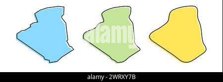 Profilo nero del paese dell'Algeria e silhouette colorate del paese in tre diversi livelli di levigatezza. Mappe semplificate. Icone vettoriali isolate su sfondo bianco. Illustrazione Vettoriale