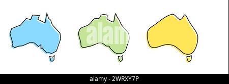 Profilo nero e silhouette country colorate in Australia in tre diversi livelli di levigatezza. Mappe semplificate. Icone vettoriali isolate su sfondo bianco. Illustrazione Vettoriale