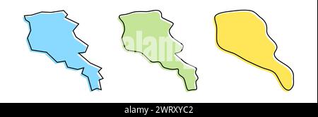 Profilo nero del paese dell'Armenia e silhouette colorate del paese in tre diversi livelli di levigatezza. Mappe semplificate. Icone vettoriali isolate su sfondo bianco. Illustrazione Vettoriale
