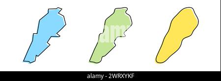 Contorno nero del paese del Libano e silhouette colorate del paese in tre diversi livelli di levigatezza. Mappe semplificate. Icone vettoriali isolate su sfondo bianco. Illustrazione Vettoriale