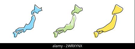 Profilo nero e silhouette country colorate del Giappone in tre diversi livelli di morbidezza. Mappe semplificate. Icone vettoriali isolate su sfondo bianco. Illustrazione Vettoriale