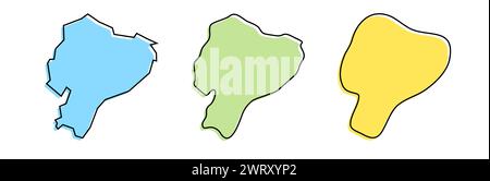 Contorno nero del paese dell'Ecuador e silhouette colorate del paese in tre diversi livelli di levigatezza. Mappe semplificate. Icone vettoriali isolate su sfondo bianco. Illustrazione Vettoriale