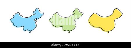 Profilo nero del paese cinese e silhouette colorate del paese in tre diversi livelli di levigatezza. Mappe semplificate. Icone vettoriali isolate su sfondo bianco. Illustrazione Vettoriale
