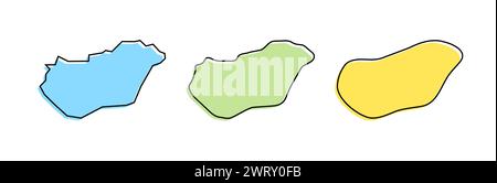 Profilo nero e sagome colorate in Ungheria in tre diversi livelli di levigatezza. Mappe semplificate. Icone vettoriali isolate su sfondo bianco. Illustrazione Vettoriale