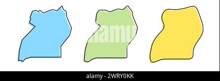 Profilo nero e sagome colorate del paese dell'Uganda in tre diversi livelli di levigatezza. Mappe semplificate. Icone vettoriali isolate su sfondo bianco. Illustrazione Vettoriale