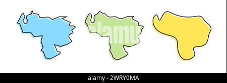 Contorno nero del paese del Venezuela e silhouette colorate del paese in tre diversi livelli di levigatezza. Mappe semplificate. Icone vettoriali isolate su sfondo bianco. Illustrazione Vettoriale