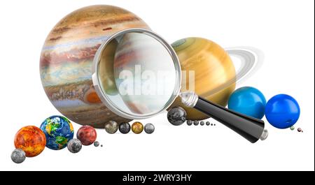 Lente d'ingrandimento con pianeti e satelliti del sistema solare, rendering 3D isolato su sfondo bianco Foto Stock