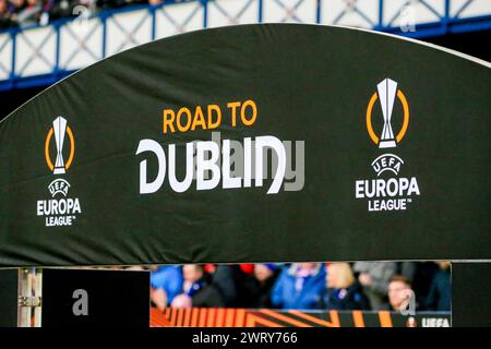 Glasgow, Regno Unito. 14 marzo 2024. I Rangers FC giocano il Benfica FC al loro stadio di casa, l'Ibrox Stadium, per la seconda partita tra di loro. Nella partita precedente al campo di casa del Benfica a Lisbona, in Portogallo, il punteggio è stato di 2 - 2. Il vincitore di questo gioco passa al turno successivo e agli ultimi 8 del concorso. Crediti: Findlay/Alamy Live News Foto Stock