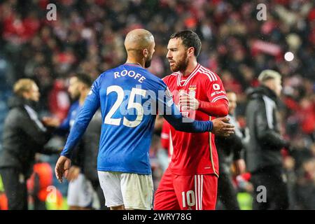 Glasgow, Regno Unito. 14 marzo 2024. I Rangers FC giocano il Benfica FC al loro stadio di casa, l'Ibrox Stadium, per la seconda partita tra di loro. Nella partita precedente al campo di casa del Benfica a Lisbona, in Portogallo, il punteggio è stato di 2 - 2. Il vincitore di questo gioco passa al turno successivo e agli ultimi 8 del concorso. Crediti: Findlay/Alamy Live News Foto Stock