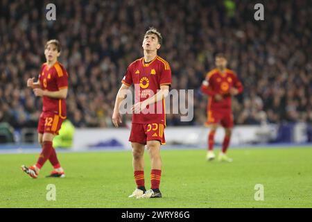 Brighton e Hove, Regno Unito. 14 marzo 2024. Tommaso Baldanzi dell'AS Roma durante la partita di UEFA Europa League tra Brighton e Hove Albion e Roma all'American Express Community Stadium di Brighton e Hove, Inghilterra, il 14 marzo 2024. Foto di Joshua Smith. Solo per uso editoriale, licenza richiesta per uso commerciale. Non utilizzare in scommesse, giochi o pubblicazioni di singoli club/campionato/giocatori. Crediti: UK Sports Pics Ltd/Alamy Live News Foto Stock