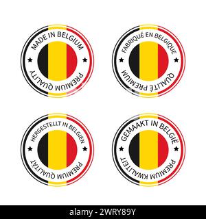 Etichette rotonde prodotte in Belgio in inglese, francese, olandese e tedesco. Icona del vettore del marchio di qualità. Perfetto per design di logo, etichette, badge, adesivi Illustrazione Vettoriale