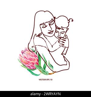 Manifesto astratto di madre e bambino, fiore, una linea d'arte. Illustrazione vettoriale. Striscioni, biglietti per la Festa della mamma, inviti, copertine, certificati. Illustrazione Vettoriale