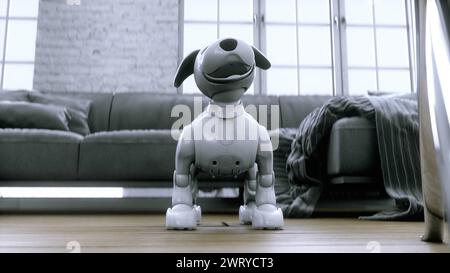 un piccolo simpatico cane intelligente robotico si sveglia in camera. rendering 3d. Foto Stock