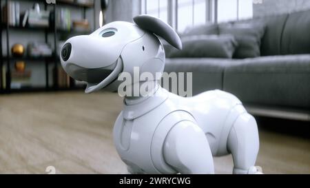 un piccolo simpatico cane intelligente robotico si sveglia in camera. rendering 3d. Foto Stock