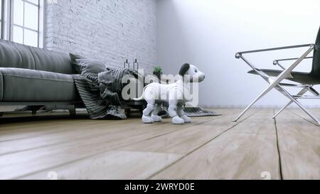 un piccolo simpatico cane intelligente robotico si sveglia in camera. rendering 3d. Foto Stock