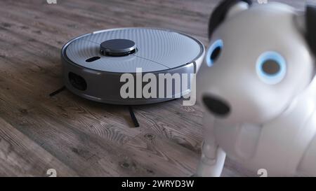robot robot piccolo e divertente con aspirapolvere. rendering 3d. Foto Stock