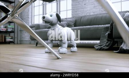 un piccolo simpatico cane intelligente robotico si sveglia in camera. rendering 3d. Foto Stock