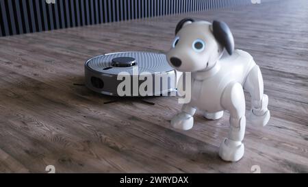 robot robot piccolo e divertente con aspirapolvere. rendering 3d. Foto Stock