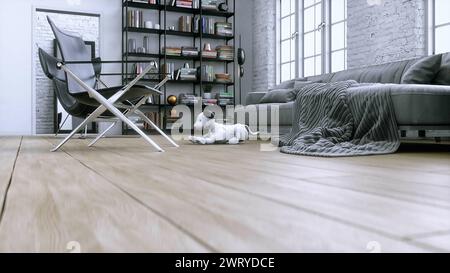 un piccolo simpatico cane intelligente robotico si sveglia in camera. rendering 3d. Foto Stock