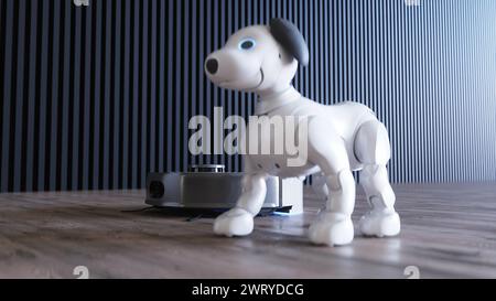 robot robot piccolo e divertente con aspirapolvere. rendering 3d. Foto Stock