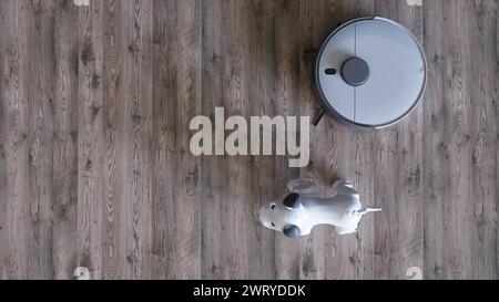 robot robot piccolo e divertente con aspirapolvere. rendering 3d. Foto Stock