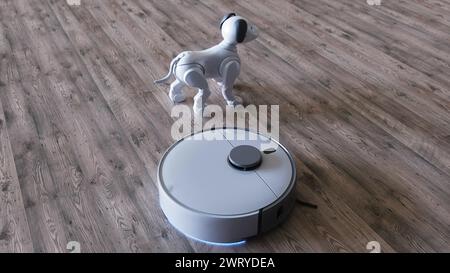 robot robot piccolo e divertente con aspirapolvere. rendering 3d. Foto Stock