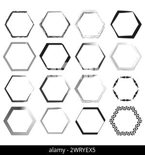 Un assortimento di cornici esagonali in vari stili e tratti di pennello. Illustrazione vettoriale. EPS 10. Illustrazione Vettoriale