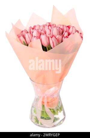 Bouquet di splendidi tulipani rosa in vaso isolato su bianco Foto Stock