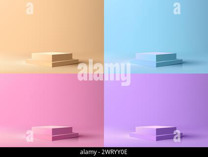 Pila 3D di caselle di colori pastello su uno sfondo astratto e morbido. Le forme geometriche minimali creano un senso di semplicità ed eleganza. Illustrazione vettoriale Illustrazione Vettoriale