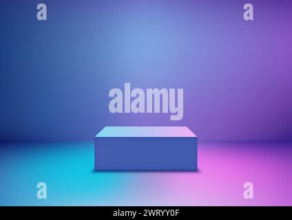 Mockup 3D con podio blu in una stanza dai colori neon vivaci. Perfetto per mostrare tecnologia, innovazione e design moderno. Illustrazione vettoriale Illustrazione Vettoriale