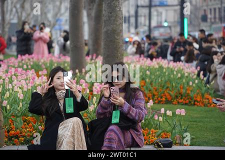 Fiori di tulipani in fiore sul Bund attirano turisti a Shanghai, Cina, 12 marzo 2024. Foto Stock