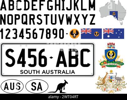 Modello della targa dell'auto in Australia meridionale, lettere, numeri e simboli, illustrazione vettoriale, Australia Illustrazione Vettoriale