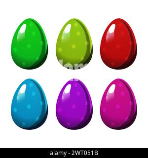 Uova di Pasqua colorate con puntini di polka su sfondo bianco. Illustrazione in stile piatto. Clipart vettoriale per la progettazione di carta, banner, volantino, vendita, poster, Illustrazione Vettoriale