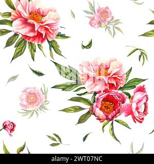 Motivo floreale rosa vintage su sfondo bianco, motivo floreale primaverile, stampa classica floreale senza cuciture Dainty Acquerello bocciolo di peonia Fiore in Foto Stock
