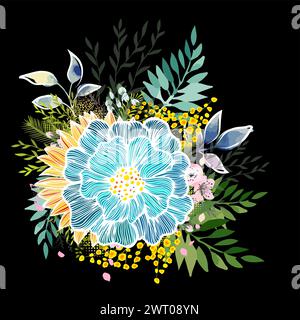 Astrazione floreale su sfondo nero. disegnato a mano. Non IA . Illustrazione vettoriale Illustrazione Vettoriale
