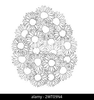 Sfondo con cornice per uovo di Pasqua di girasole, elementi floreali disegnati a mano per le vacanze primaverili. Composizioni di disegni a linee in bianco e nero per la pagina da colorare. Vettore Illustrazione Vettoriale